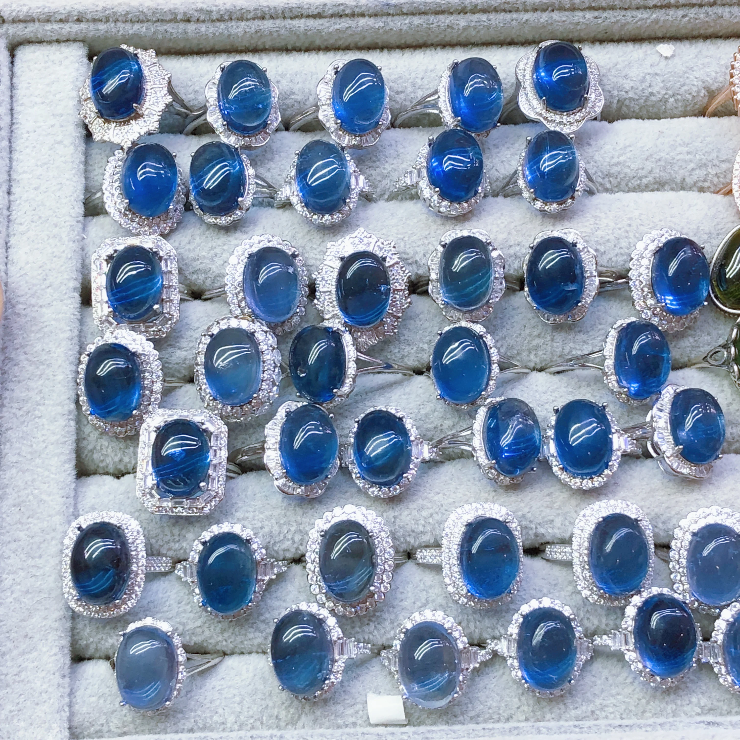 1 Pc Fengbaowu Natural Blue Fluorite Oval Cabochon Ring 10x14MM Oval Cabochon 925 Sterling Silver Fashion Jewelry Gift For Women