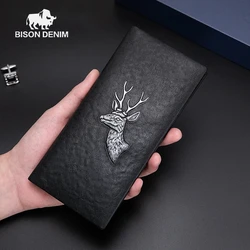 BISON DENIM Genuine Leather Long Wallet Men Business Slim Wallet Cow Leather Wallet Clutch Bag Male Card ID Money Purse