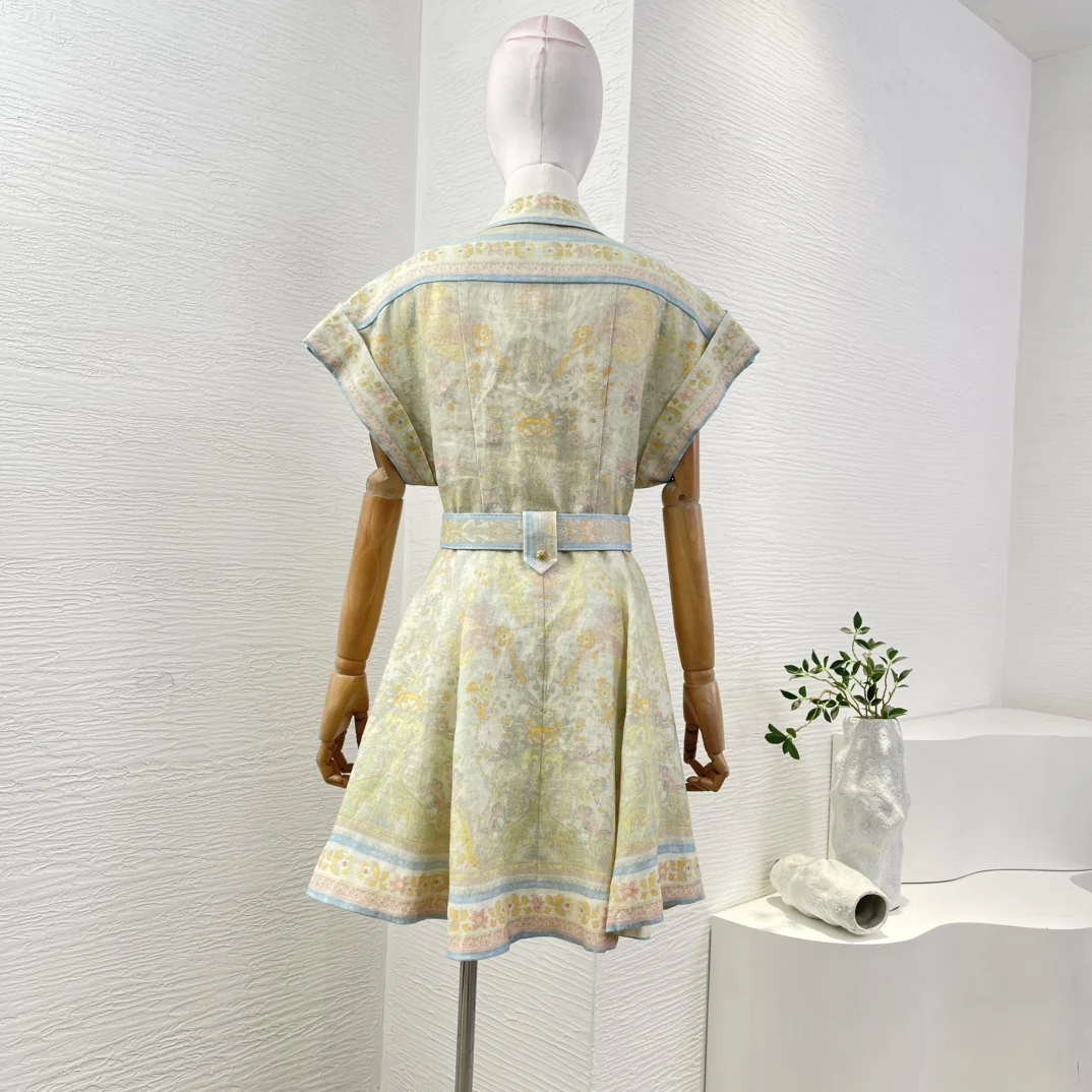 Pure Linen New High Quality Light Green Floral Print Short Sleeve Women Belted Holiday Mini Dress