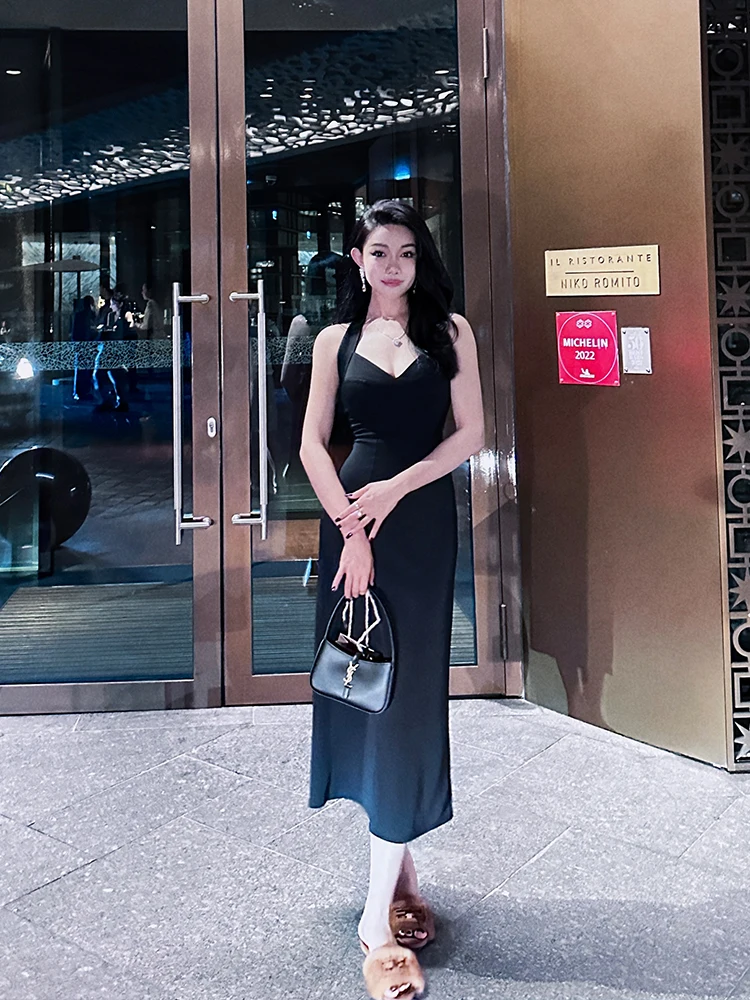 Maggie Ma Mystery Bla Hepburn Sle Long Evening Gown Dr A-Line Silhouette V-Ne Svel High Waist Midi Dr