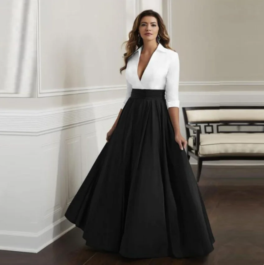 

High Collar Three Quarter Sleeves Mother of the Bride Dresses V Neck Wedding Party Gowns 2024 Gorgeous A Line White and Black