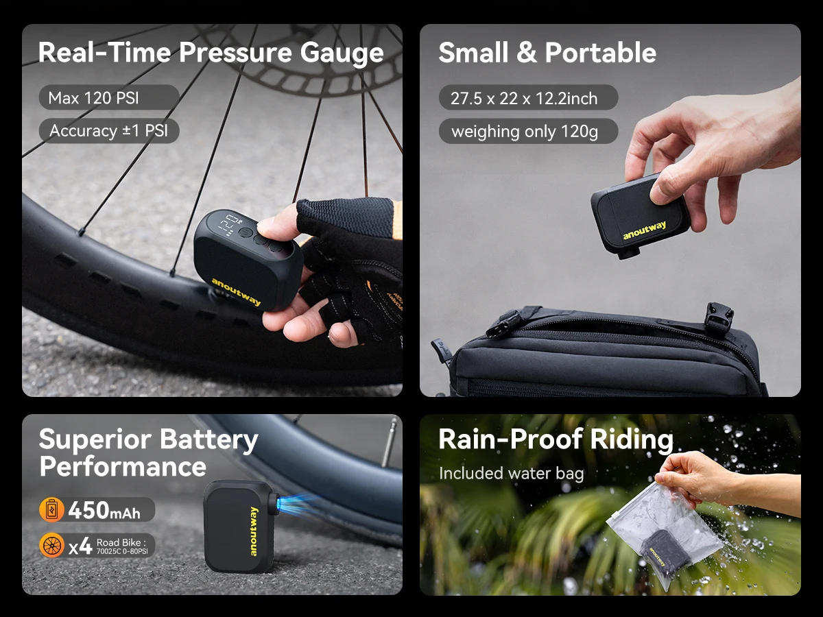 anoutway AT1 Pro Mini-Elektropumpe für Fahrräder, kabelloser Reifenfüller mit Bildschirm, 25 Minuten Schnellladung, 120 PSI, max. 450 mAh Akku – Detail 2