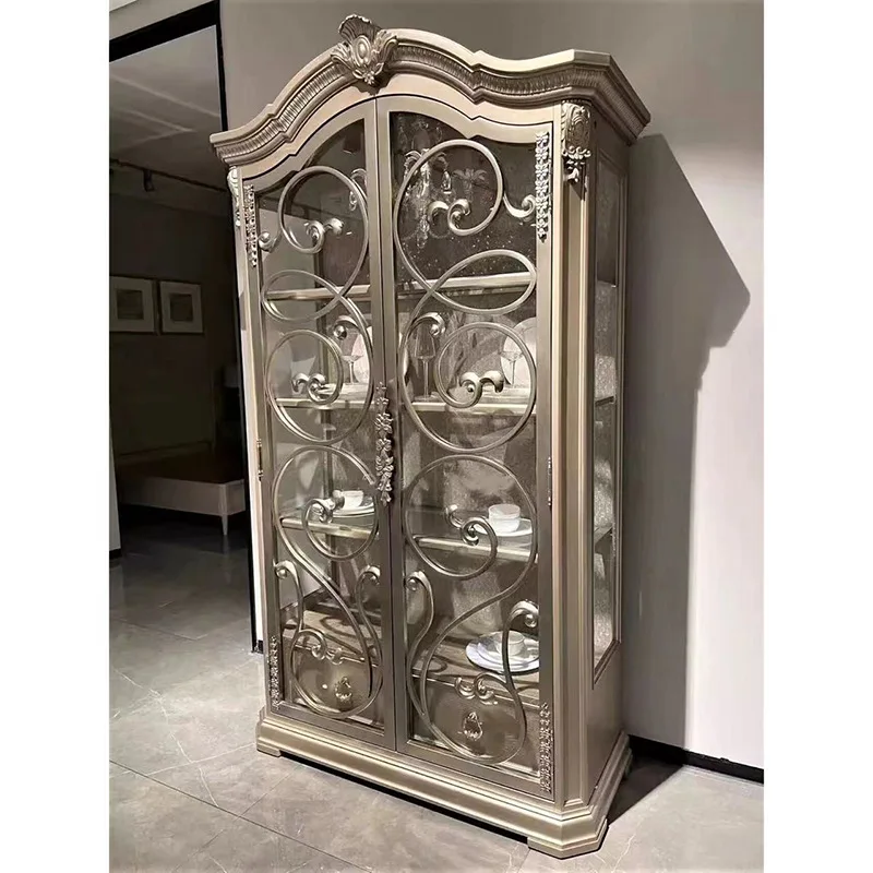 North American country solid wood wine cabinet double door glass antique cabinet French engraved retro dining side cabinet