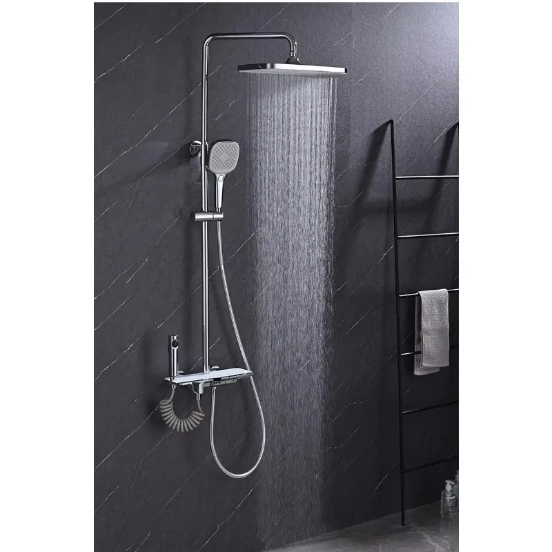 Cabezal de ducha, bañera, Piano de cobre negro y gris, juego de ducha Digital, 4 funciones, sistema mezclador de ducha termostático de agua de lluvia