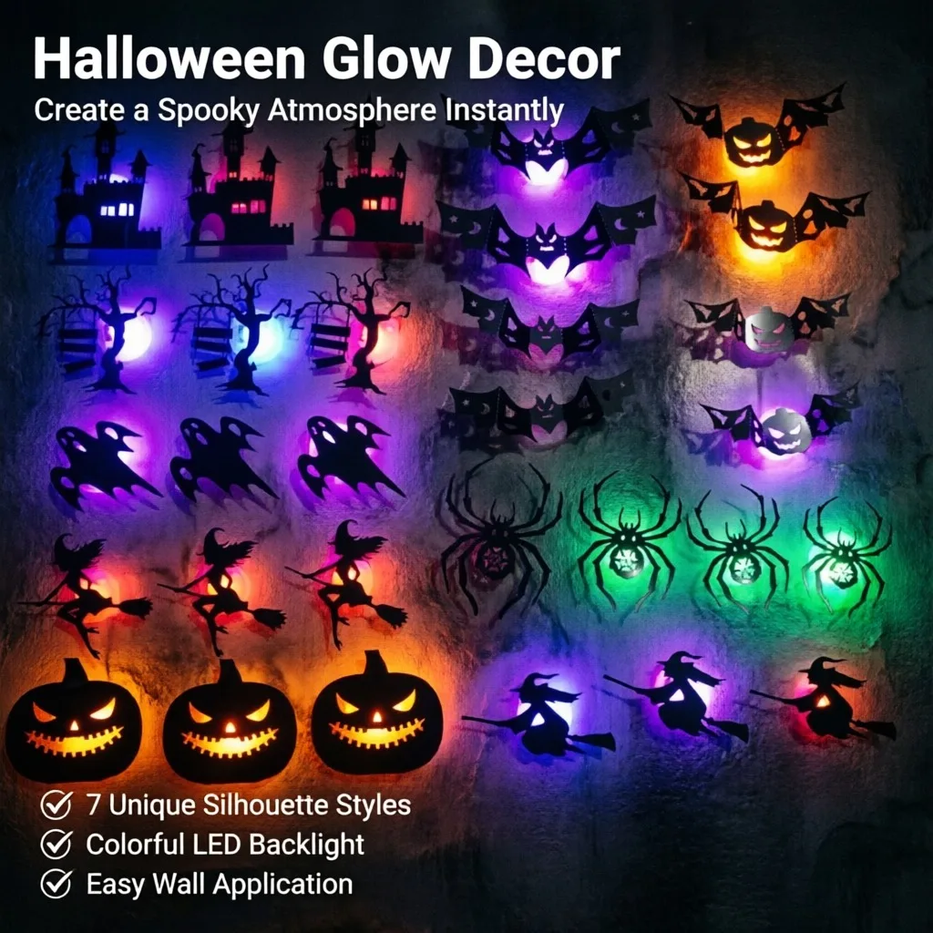 Image of 30 Stück/Set LED Halloween Wandaufkleber 3D Hohle Nachtlichter Fledermaus Kürbis, Spinne Hexe Schloss Geist Party Wanddekoration Ornament