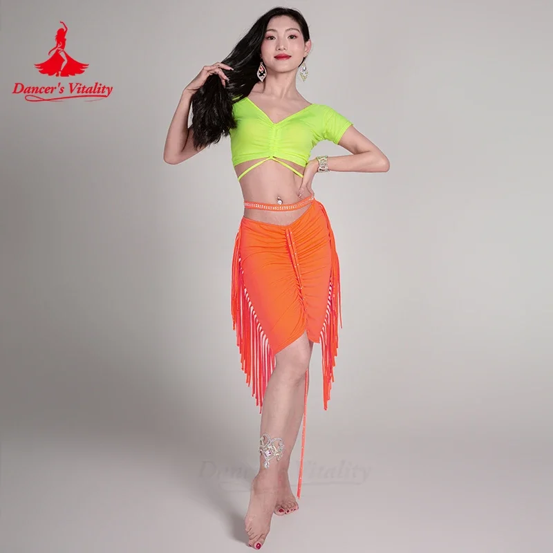 Belly Dancing Costume Set V-neck Short Sleeved Top+sexy Tassel Skirt 2pcs Girls\' Oriental Dance Professional Training Clothes