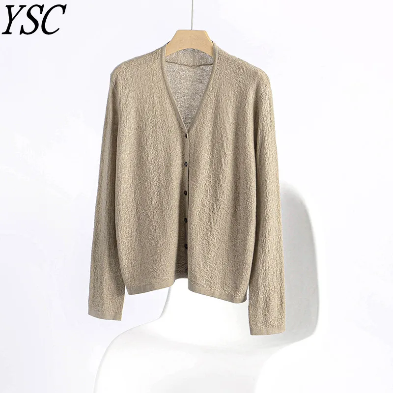 

2024 New models Women Knitted Tencel flax blend Cardigan V collar Wrinkle style Long sleeved High-quality Loose fitting Cardigan