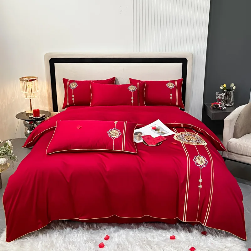 Wedding four-piece set of bright red embroidery wedding pure cotton quilt wedding room simple