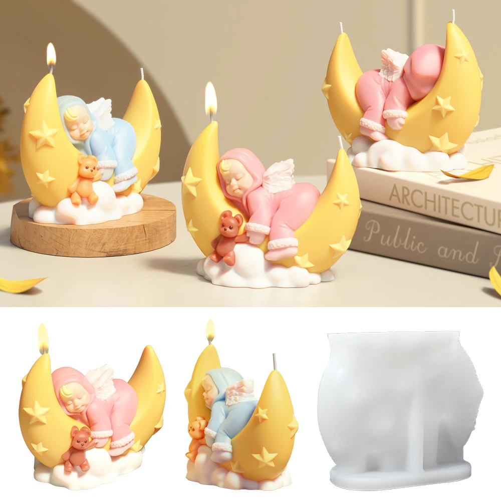 S0182 Lindo Molde de Silicona 3D de Ángel Bebé Durmiendo en Forma de Luna para Velas, Suministros DIY para Jabones Artesanales
