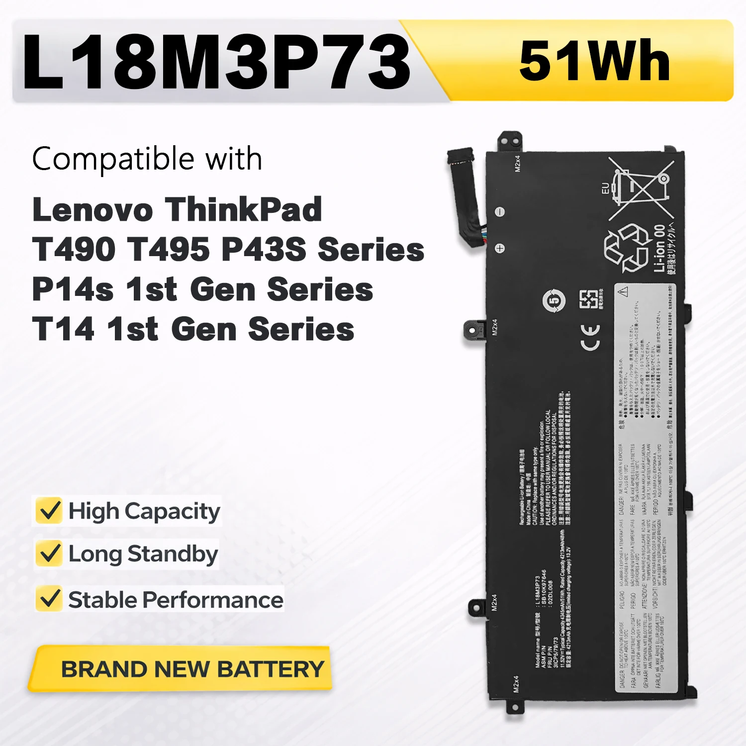 PowerHub L18M3P73 11.52V 51Wh Battery For Lenovo ThinkPad T490 T495 P43s T14 Gen1 P14s Gen1 Replace 02DL007 L18C3P72