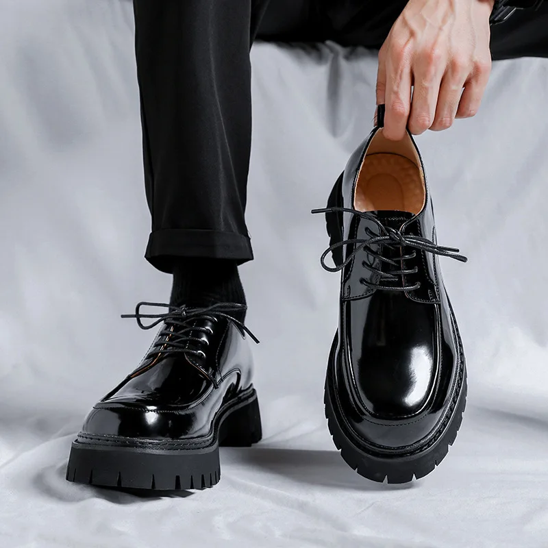 

men fashion business wedding dress platform shoes lace-up patent leather oxfords shoe black stylish sneakers gentleman footwear