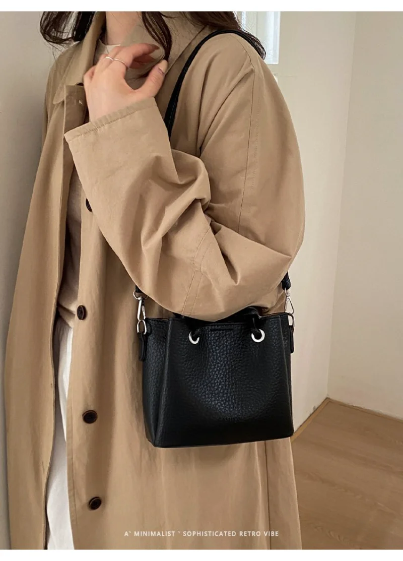 Light Beige Mini Bucket Bag with Knotted Handle, Women's Casual Faux Leather Crossbody Purse with Detachable Strap Clutch Bag view 2