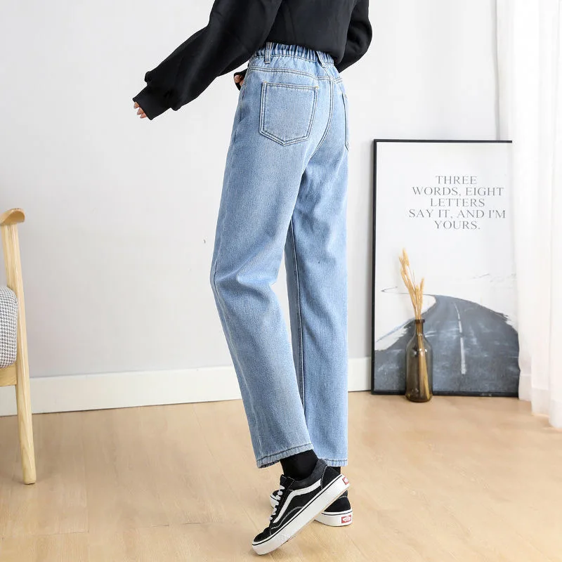 Winter High Waist Ankle Length Straight Jeans Plush Velvet Lined Warm Korea Vintage Cowboy Spodnie Casual New Women Denim Pants