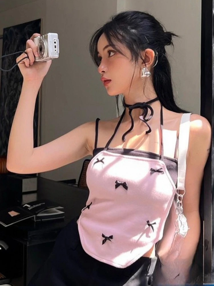 

Y2k Эстетическая поддельная майка из двух предметов в стиле пэчворк, женская майка с лямкой на шее, облегающая майка, летняя укороченная жилетка с милым бантом в стиле Харадзюку