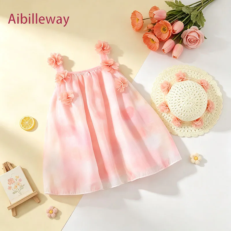 2Pcs/set Baby Girl Summer Outfit Sweet Toddler Suspender Dress 3D Flower Children Beach Sundress Kid Daily Costume With A Hat