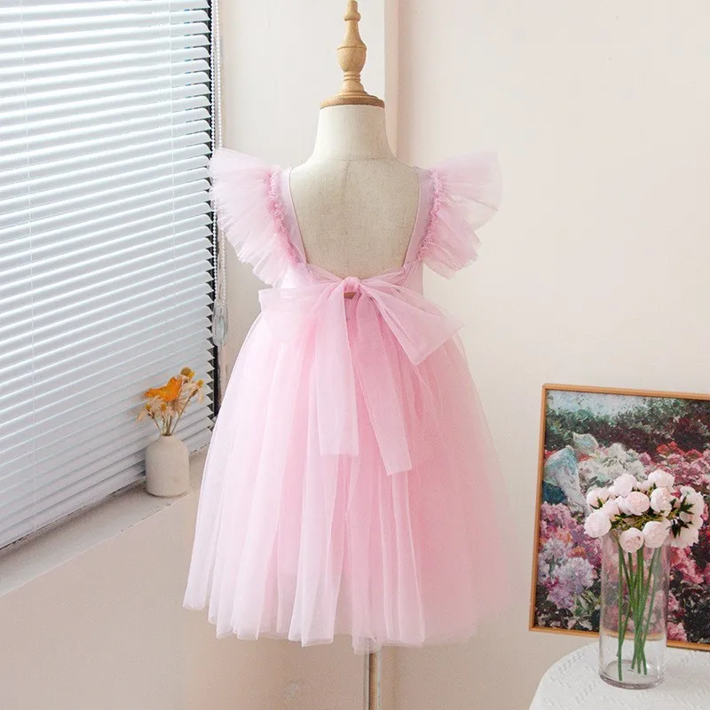 Baby Girl Princess Tutu Dress Fly Sleeve Infant Toddler Child Mesh Tulle Back Bow Vestido Dance Party Birthday Baby Clothes 1-5Y