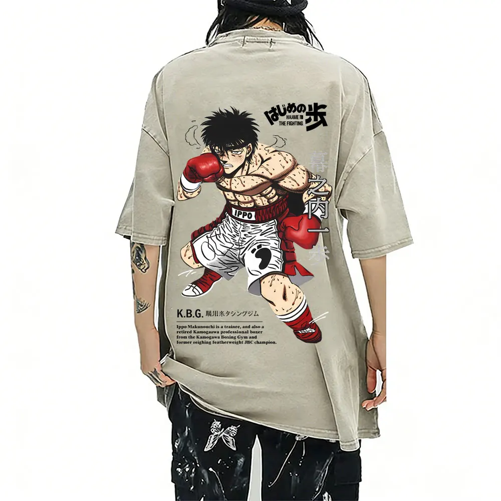

Anime Hajime No Ippo Vintage Washed T-shirt Takamura Hawk KGB T Shirts Kamogawa Boxing Gym Tee Shirt Men Fashion Cartoon Tshirt