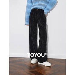 TOYOUTH Women Casual Pants 2024 Winter New Velvet Elastic Waist Casual Straight Wide Leg Long Pants