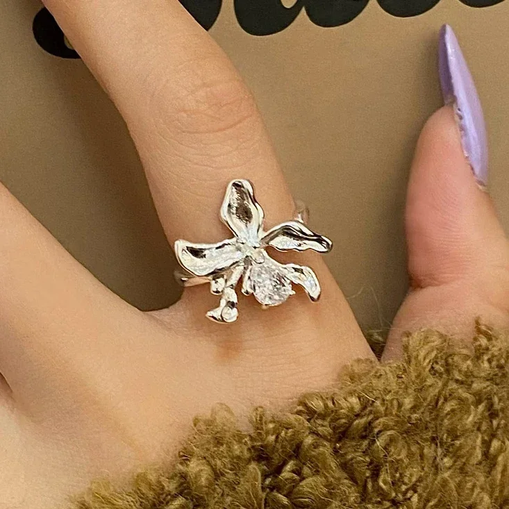 Anelli di apertura del fiore del zircone dell'argento sterlina 925 reale per le donne Accessori di personalità minimalista dei gioielli raffinati della pianta alla moda