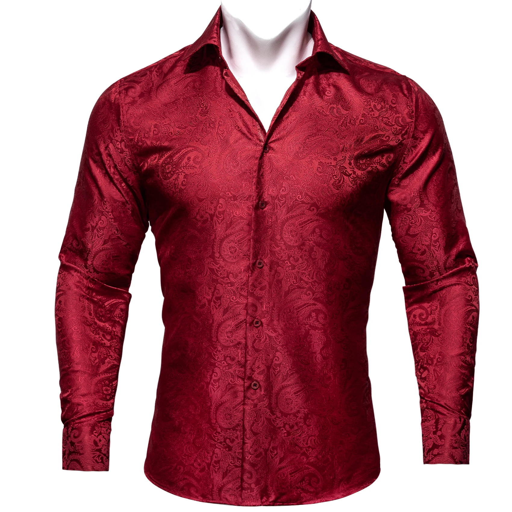 Exquisite Silk Shirts for Men Wine Red Paisley Lapel Woven Long Sleeve Embroidered Leisure Fit Party Wedding Barry.Wang CY-0409