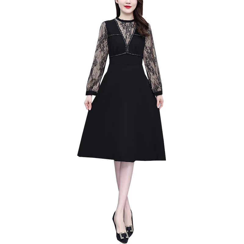 

Elegant Lace Patchwork Long Dresses For Women 2023 Female Large Size 5XL Autumn Winter Vintage Loose O Neck Black Casual Vestido