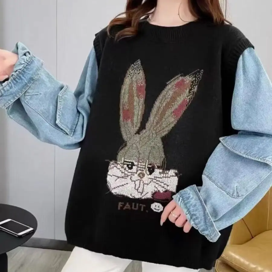 Hsa European Outerwear Designer Sequined Cartoon Rabbit Cute Girl Pullover Sweaters Women Jeans Patchwork Streetwear Pull Femme