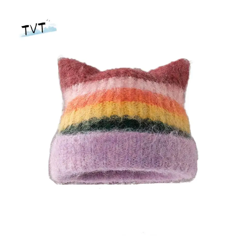 

Модный цветной пуловер с кошачьими ушками, градиентная шерстяная вязаная шапка в японском стиле Y2k, радужная женская шапка-бини, женская шапка