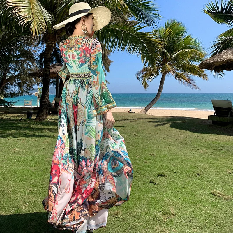 Francês vintage boho praia vestido longo feminino primavera verão único breasted impressão floral vestido de festa de aniversário à noite