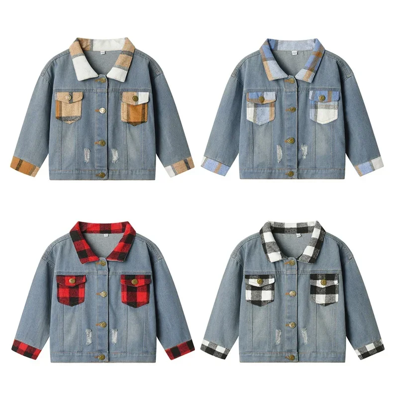 

Fashion Girls Denim Jacket New Baby Kids Jean Coats For Boys Plaid Patchwork Design Children Outerwear Clothing 1-7 Years
