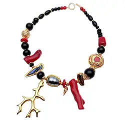 Y.YING Cultured Black Biwa Pearl Red Coral Onyx Choker Necklace Fashion Women Necklace Gifts