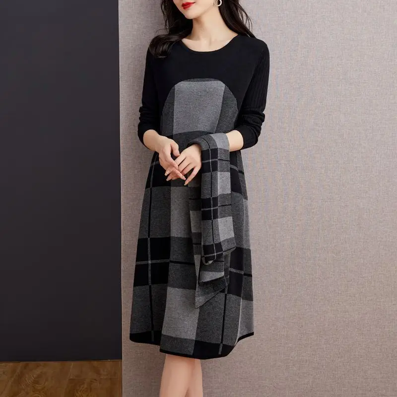 Oversize Loose Women Knitting Sweater Dress 2024 New Female Autumn Winter Clothes Fashion Elegant Plaid O-neck & Shawl Dresses