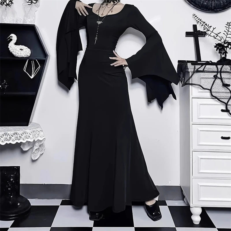 القوطية حزب فستان طويل ريترو عالية الخصر الدانتيل انقطاع متوهج كم الظلام خمر ماكسي ثوب للنساء هالوين تأثيري مخيف