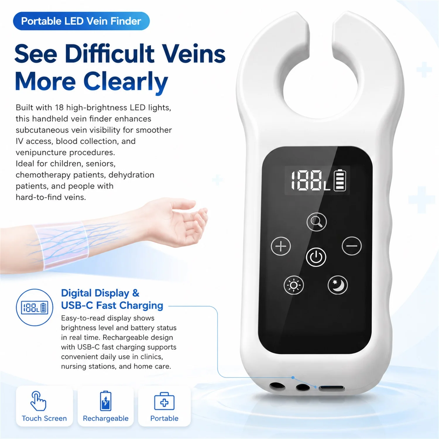 Handheld LED Vein Finder Light Infrared Rechargeable Infrared Vein Finder Viewer, Vein Transilluminator for Nurse Clinics Use