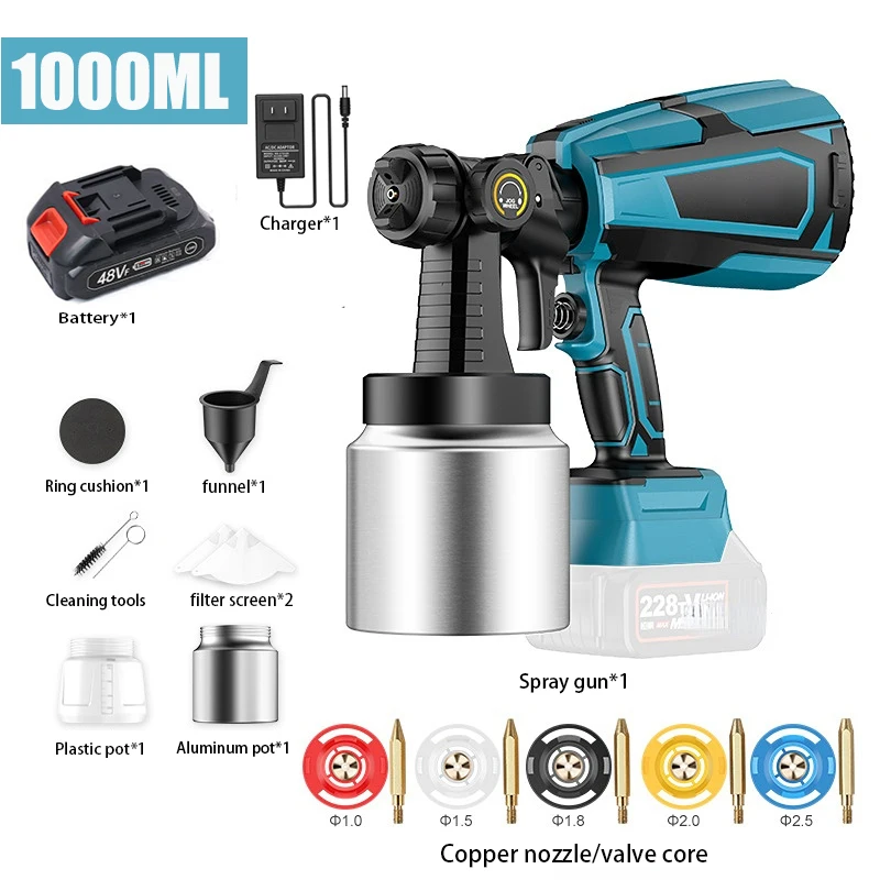 1000ML Cordless Electric Spray Gun 5Nozzle Paint Sprayer Auto Furniture Steel Coating Airbrush Compatible For Makita 18V Battery