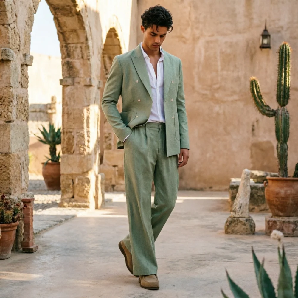 

Sage Green Linen Men Suits Relaxed Double Breasted 2 Pieces Breathable Wedding Guest Outfit Blazer Pants Set Summer Formal Wear