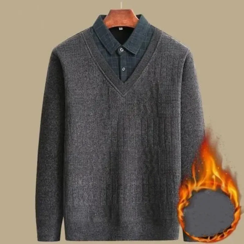 

Толстый бархатный мужской свитер из двух частей для пожилых людей среднего возраста, зимний теплый вязаный топ
