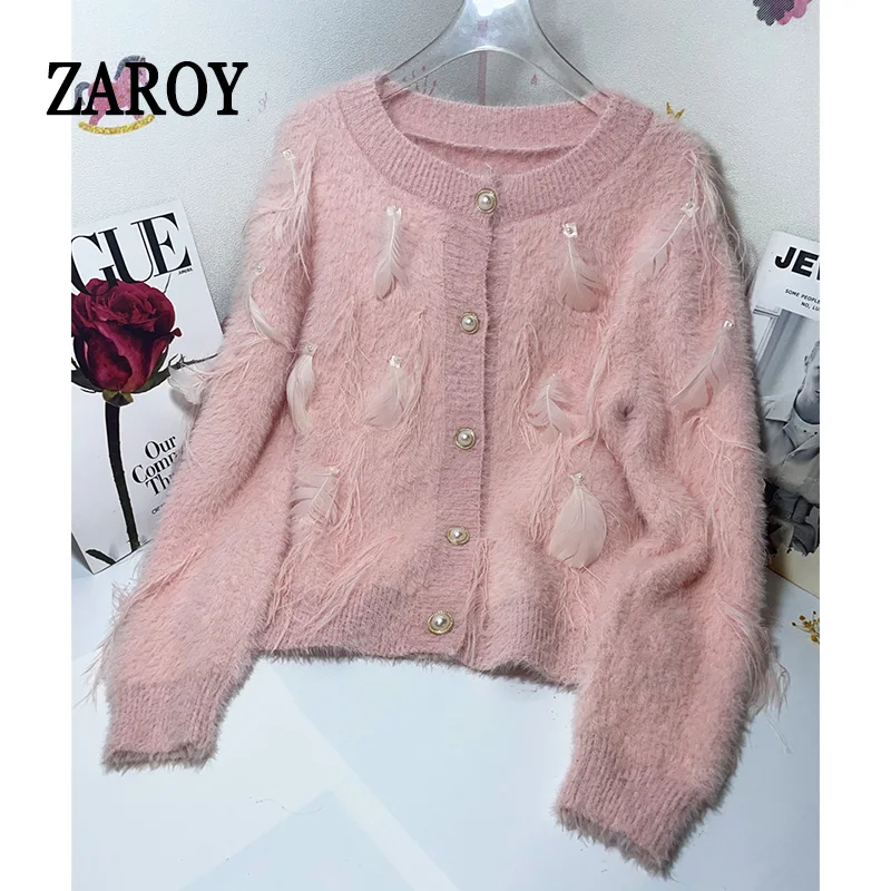 

ZAROY 가디건 2025 Autumn Imitation Mink Sweater Cardigan Women Winter Long Sleeve O Neck Tassel Feather Knit Jacket Tops кар