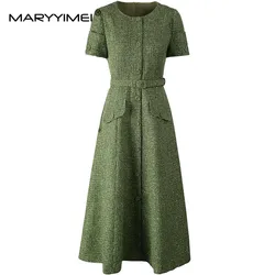 MARYYIMEI Elegant Women's Dress Short-Sleeved Single Breasted Sequins Romantic Daily Basic Vacation Style Dresses With Belt