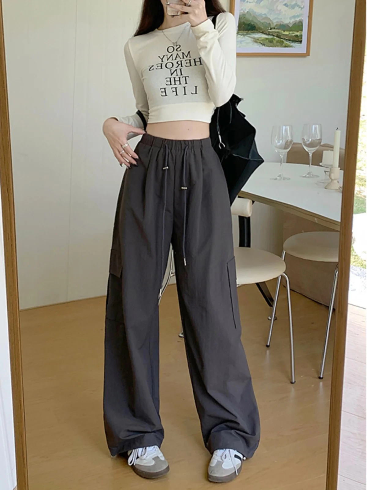 Drawstring Design Sense Pink Cargo High Waist Casual Pants Women Summer 2024 New Straight Loose Slimming Long Pants