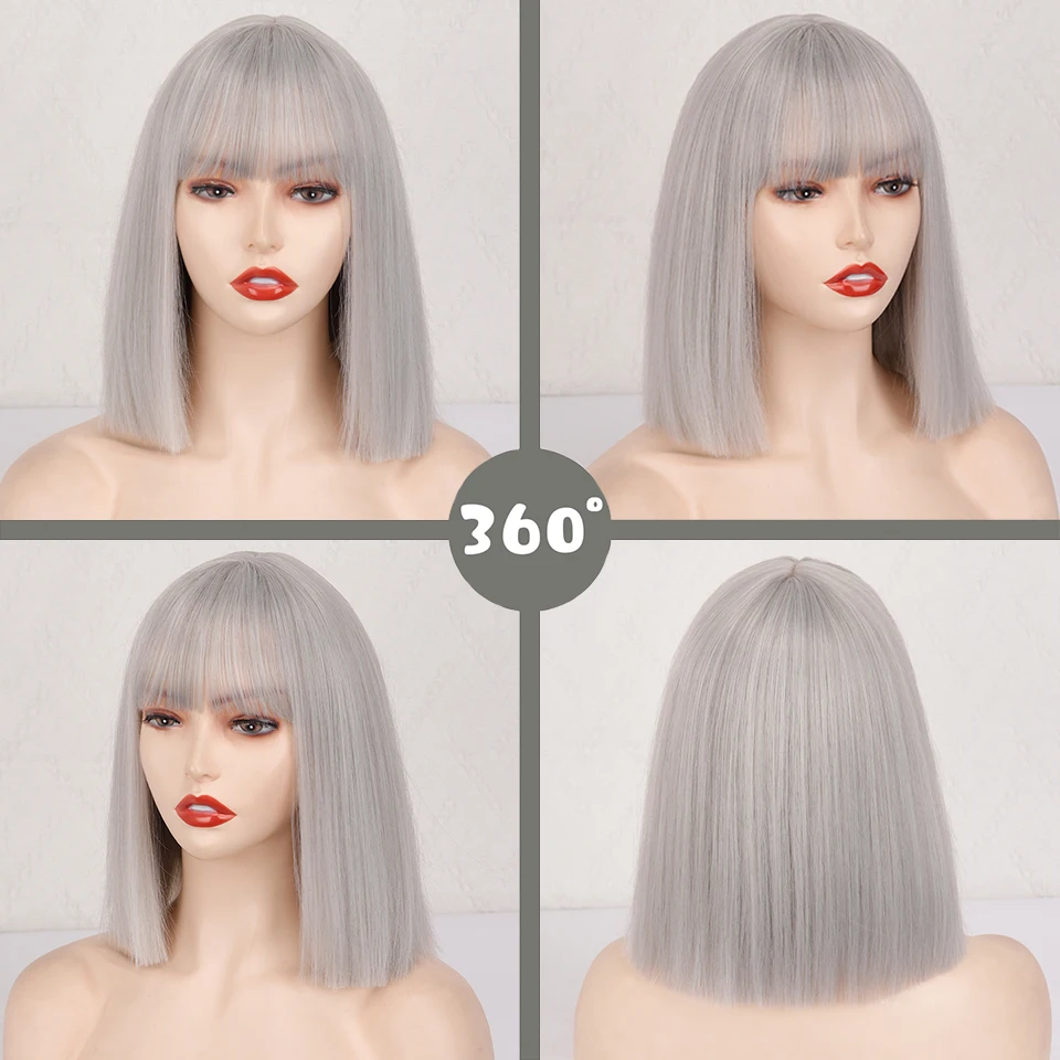 Short Synthetic Silver Gray Bob with Bangs Short Straight Bob Wigs for Women Cosplay Daily Party Red blackpink Wig