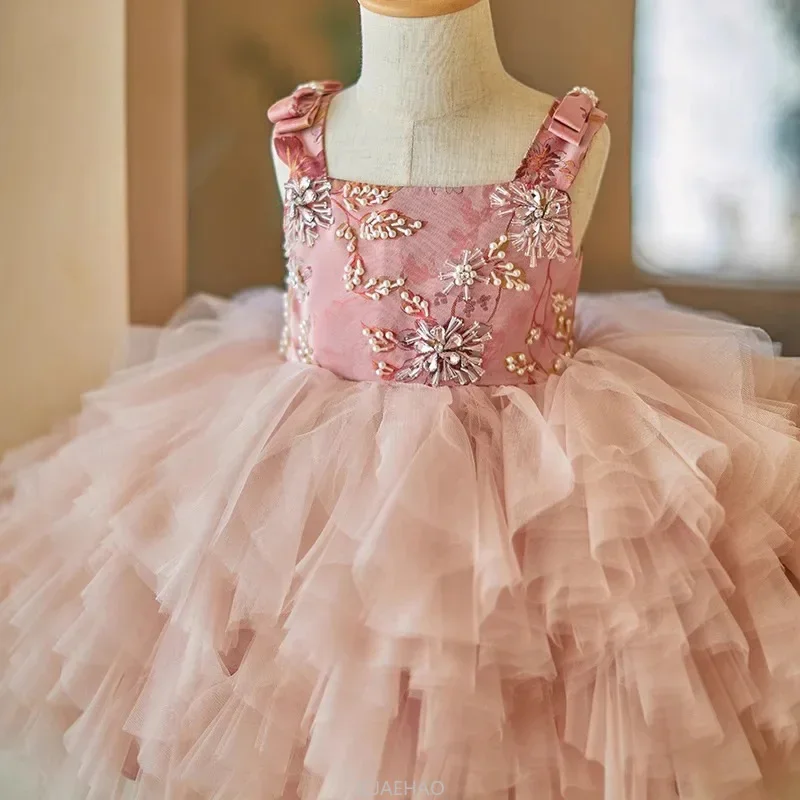 

Party Dress Vestido Children Pink Strapless Birthday Dresses Celebration Outfit Kids New Tulle Tutu Gown Costume Matching Girls
