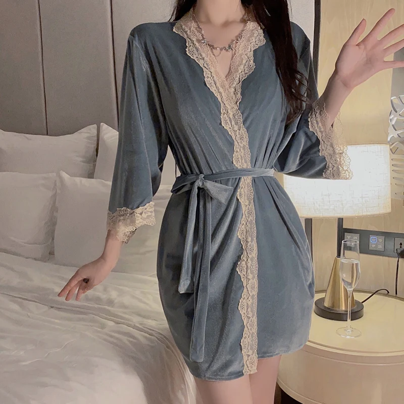 REBEYULI Brand Loungewear Women Autumn and Winter Deep V Velvet Nightwear Female 2024 Lace Slit Sling Dress Robe Gown Sets Women