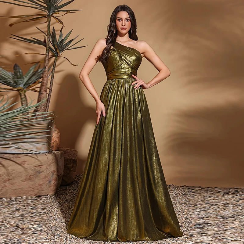 

Женское оливково-зеленое вечернее платье на одно плечо с металлизированной блестящей тканью Струящаяся юбка трапециевидной формы длиной до пола Элегантное вечернее платье