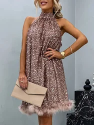 Loungewear Sequins Fashion Party Dress, Women Summer Halter Sleeveless Holiday Dress, Sexy Lace-Up Loose Ladies Dress Streetwear