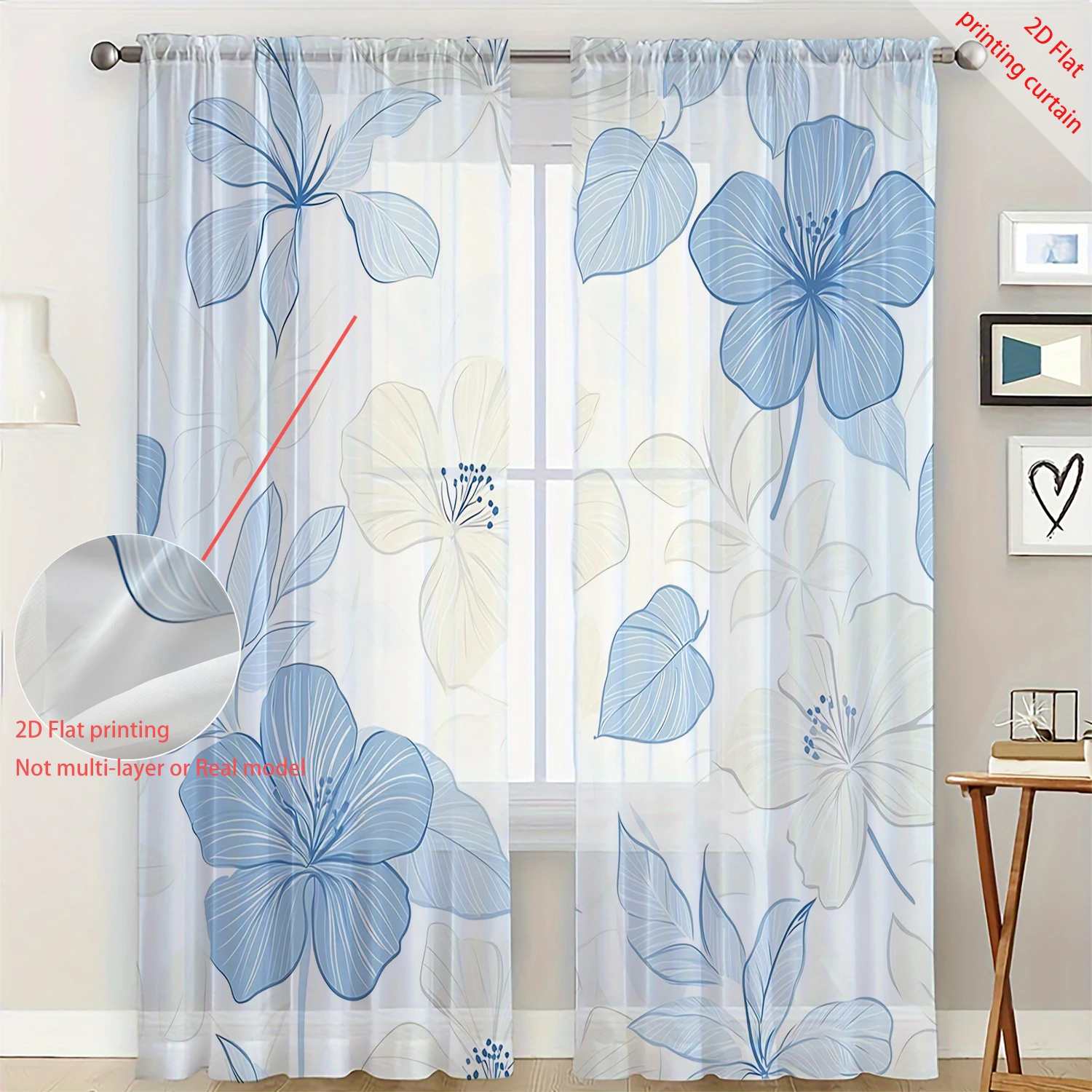 2 Pieces HD Digital Blue Sketch Leaf Flower Printed Window Screen Home Decor Style Decoration Living Room Bedroom Rod
