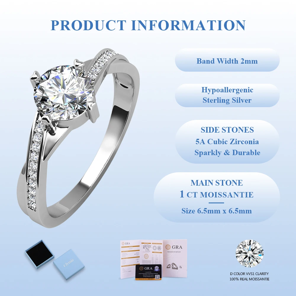 

Real Moissanite GRA 1ct Diamond Ring Set for Women 925 Sterling Silver 18k White Gold Plated Fine Jewelry Wedding Party Gifts