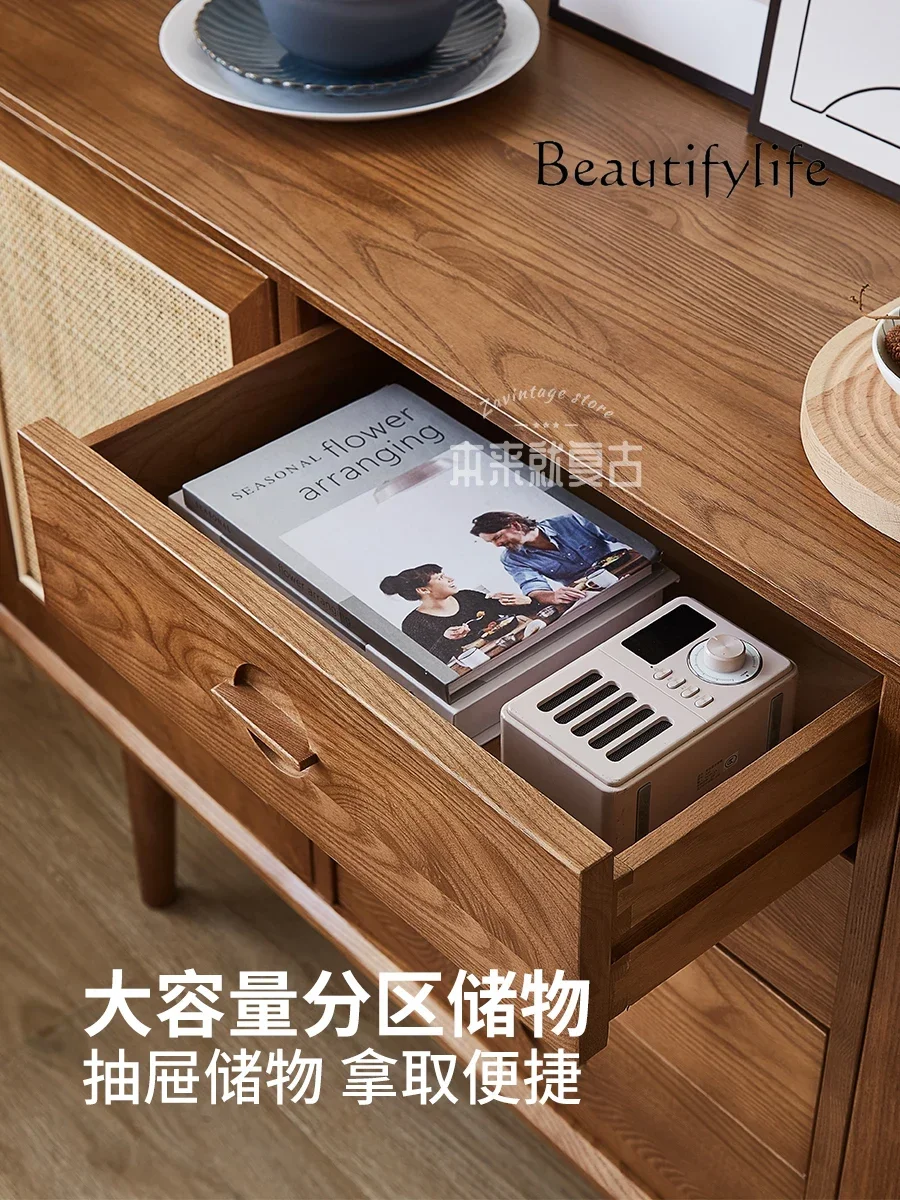 

dY BJ Solid Wood Rattan Dining Side Cabinet Nordic Tea Cabinet Bedroom Entrance Cabinet