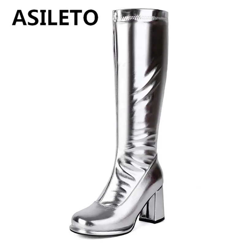 

ASILETO Luxury Sexy Female Knee Boots Fashion Dating Party Shiny Booties Round Toe Chunky Heels 8cm Zipper Large Size 47 48 49
