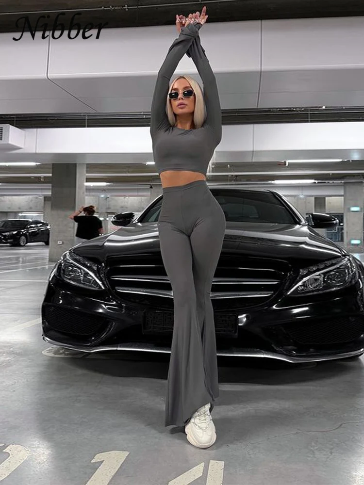 Nibber Body-Shaping Women Tracksuit 2 Piece Set Autumn Casual Sporty Crop Tops+Flare Leggings Matching Solid Stretch Streetwear