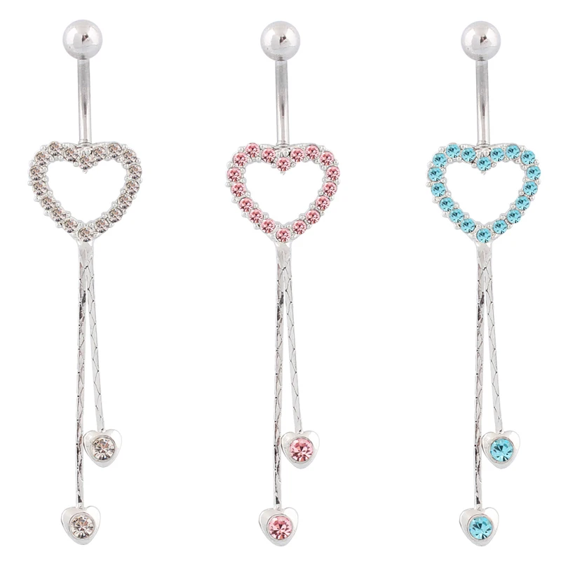 Belly ring Cute Heart Tassel 14G 10mm stainless steel rod Body Piercing Clear Pink Blue rhinestone Navel bar Fashion jewelry